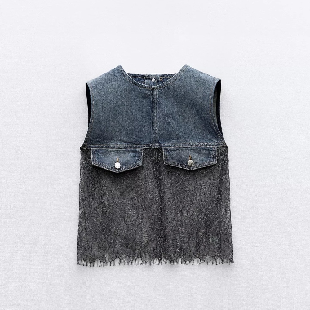 Zara Denim and Lace Sleeveless Blouse
